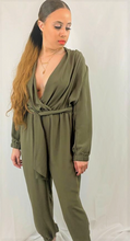 Load image into Gallery viewer, Showstopping jumpsuit with V-neckline, long sleeves, and trendy tie-front bodice. A fitted waist tops dramatic, wide-leg pants with full-length hems